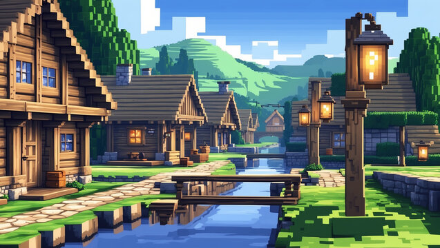 ピクセルアート 魅力的なマインクラフトの村 木造の家, 川, 橋, ランプ