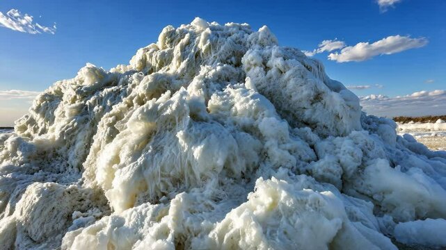 Salt formation creates unique white mound under bright sky in natural landscape