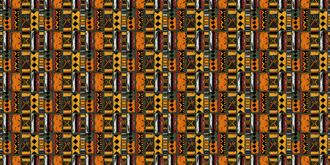 Abstract African art shapes seamless backgrounds, tribal geometric decoration patterns. Colored flat boho symbols illustrations	

