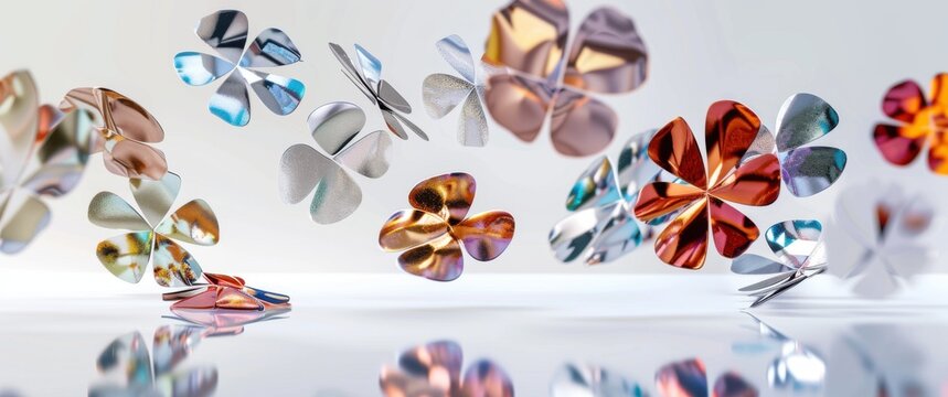 Metallic chips, premium membership cards gleam in a floating flower arrangement. Soft reflections dance across the white backdrop noise.