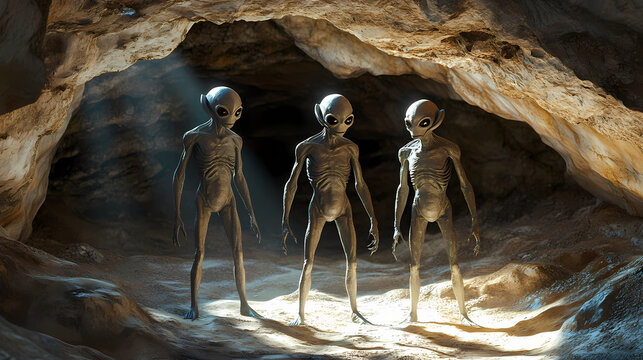 Three serene aliens in cave discussion. Ancient Cosmic Beings. Illustration