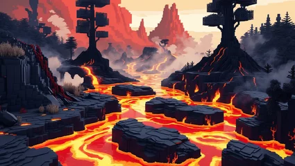 Fotobehang 溶岩の川がマインクラフト風の火山地形を流れる © arie