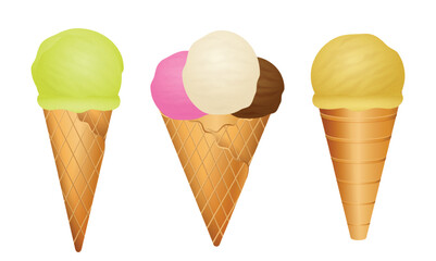 Set illustration of three ice cream cones. The first cone holds a single scoop of green ice cream, the second cone has three scoops in pink, white, and brown, while the third cone contains a single