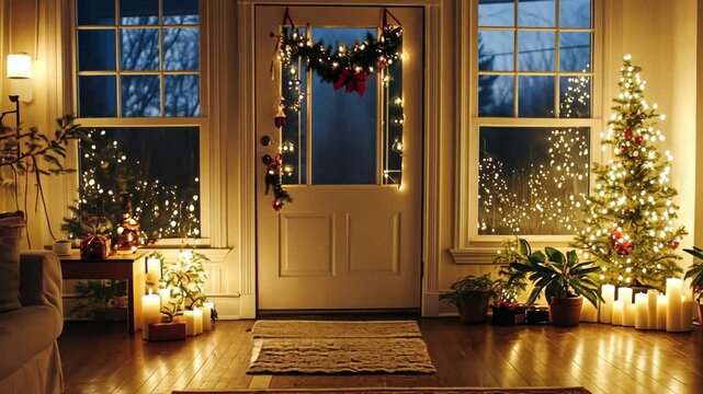 Wide shot of a living room with holiday decorations, including a festive door draft stopper and twinkling lights around the windows.