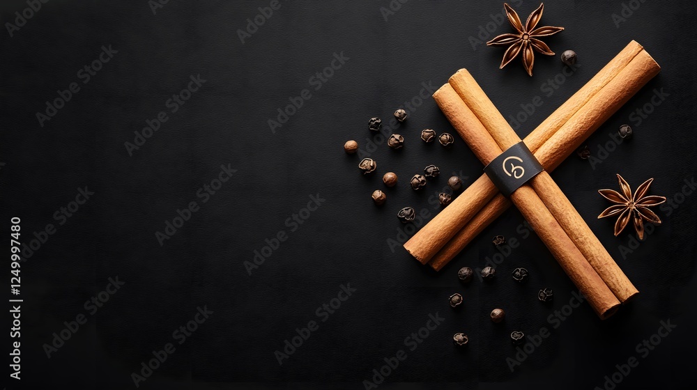 Poster cinnamon sticks and star anise spices arranged on a dark background creating a cozy and warm autumn 