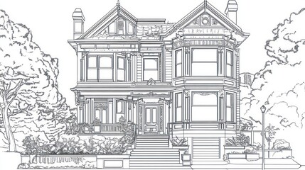 Victorian House Architectural Drawing, Lush Garden, Residential Design