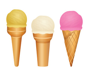Set illustration of three ice cream cones featuring yellow, white, and pink scoops in waffle and regular cones. Perfect for designs related to desserts, summer, and food themes.