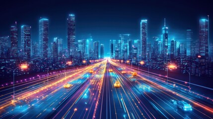 Fototapeta premium Futuristic City Highway With Cars At Night