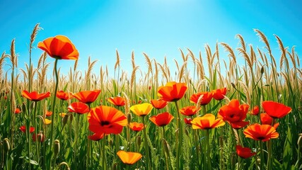 Fototapeta premium A stunning arrangement of red and yellow poppies in a lush field of tall golden corn stalks against a bright blue sky, nature, landscape