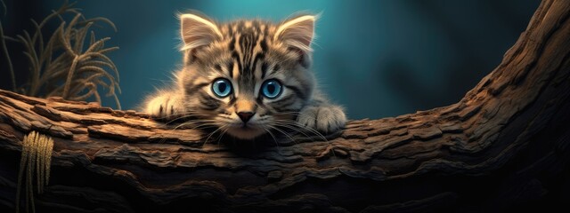 Cute tabby kitten with blue eyes peeking from behind wooden log on dark background. Pet portrait for World Animal Day, National Cat Day, International Pet Day and animal charity campaign