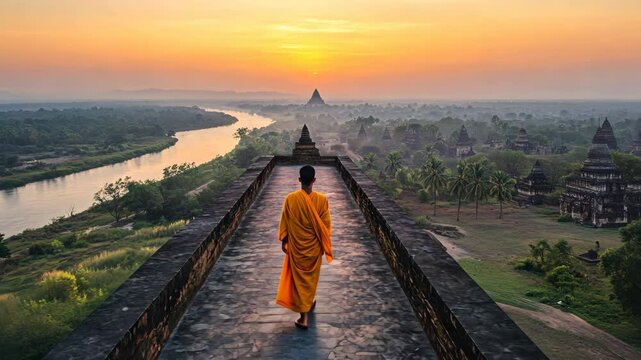 Serene monk walks along ancient temple path at sunrise overlooking river and landscape in Indonesia