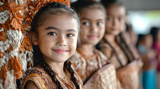 Joyful Samoan female student wearing a traditional lavalava wrap school uniform standing in a classroom setting and smiling with confidence and pride in her cultural heritage