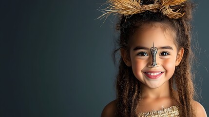 Obraz premium Maori child wearing a flax woven piupiu skirt with a traditional t moko design on their face smiling joyfully and representing the rich cultural heritage and expression of indigenous communities