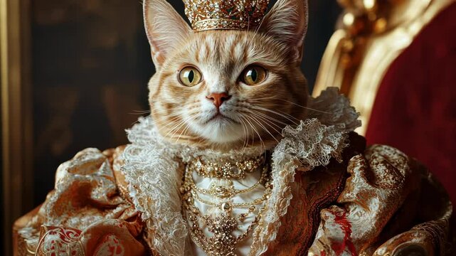 a glamorous high-end portrait of a Sokoke cat dressed in stylish clothing and adorned with exquisite jewelry, wearing a crown against a luxurious backdrop, capturing expressive details and elegance.
