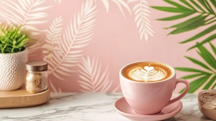 Cozy morning scene with a warm frothy latte and fresh baked pastry served on a rustic wooden table surrounded by potted plants and a minimalist natural decor