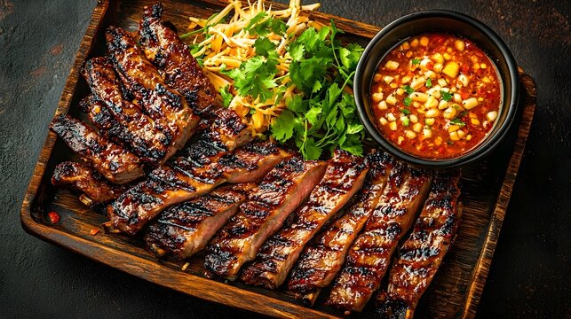Mouthwatering Thai style Grilled Beef Neua Yang Dish with Spicy Jaew Dipping Sauce Artfully Served on a Rustic Wooden Tray Showcasing the Vibrant Flavors and Textures of Traditional Thai Cuisine