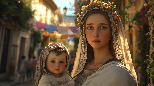 Fototapeta Young mother, baby, Italian street, festival, faith