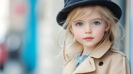 Pensive and thoughtful expression on the face of a young blonde girl wearing a classic British trench coat and wool hat standing on a city street with blurred urban background