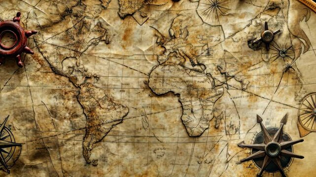 Historical map showcasing routes of ancient explorers, faded textures, maritime symbols