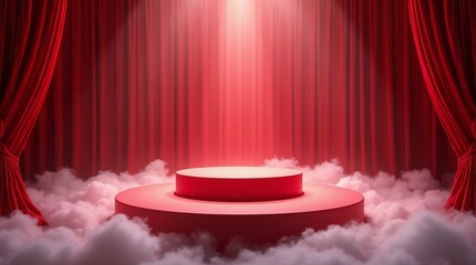 Event Stage Platform with Billowing Clouds of Dry Ice Smoke and Curtains.