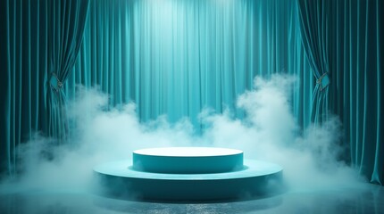 Event Stage Platform with Billowing Clouds of Dry Ice Smoke and Curtains.