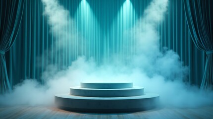 Event Stage Platform with Billowing Clouds of Dry Ice Smoke and Curtains.