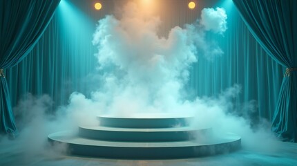 Event Stage Platform with Billowing Clouds of Dry Ice Smoke and Curtains.