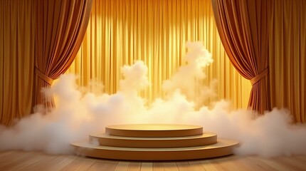 Event Stage Platform with Billowing Clouds of Dry Ice Smoke and Curtains.