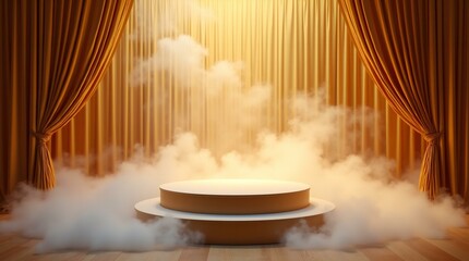 Event Stage Platform with Billowing Clouds of Dry Ice Smoke and Curtains.