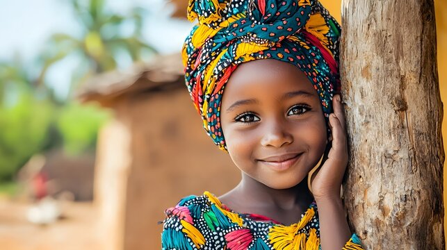 Portrait of a young smiling Senegalese child dressed in a vibrant colorful traditional boubou robe with intricate embroidered patterns and textiles  The child is set against a natural