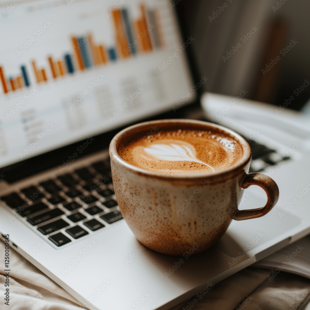 Poster close up of coffee cup next to open laptop displaying graphs and charts, creating cozy workspace atm