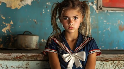 Serious contemplative portrait of a young Russian girl in a traditional Soviet era school uniform captured in the gritty