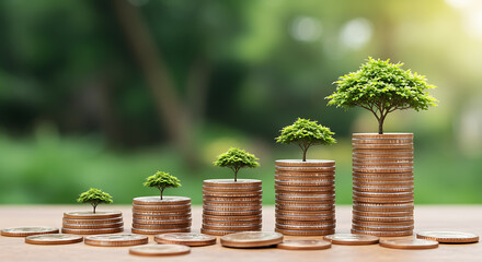 Gold Coins Stacked With Small Trees Representing Investment Growth