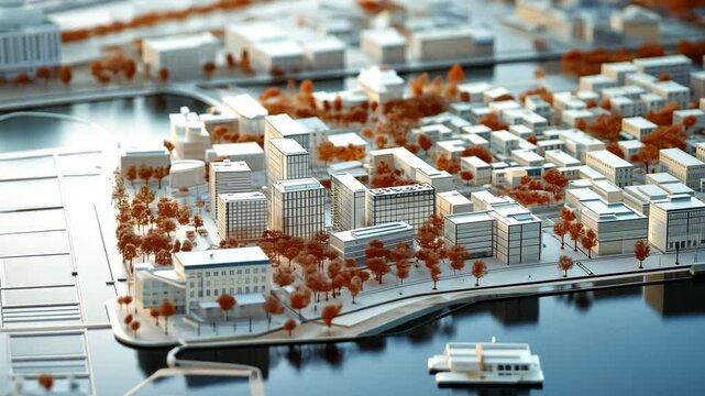Architect finalizing urban planning concepts, digital models and blueprints highlighting focus and expertise