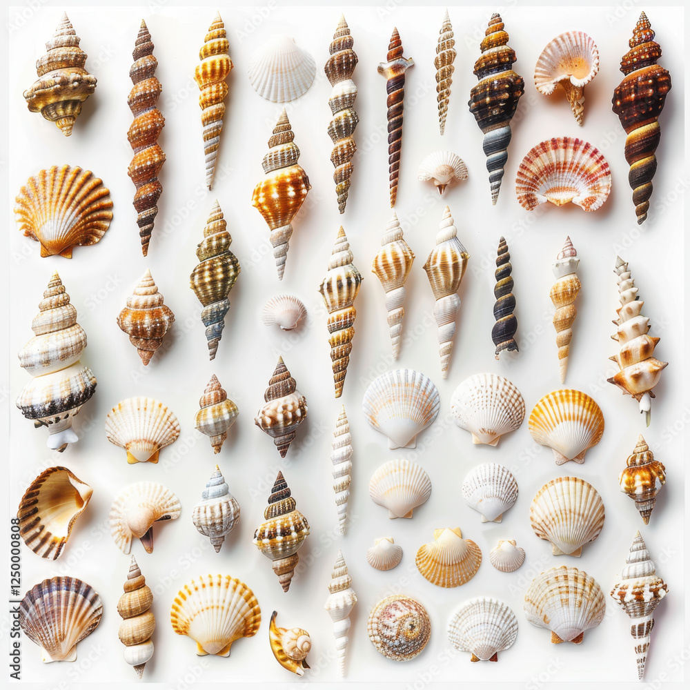 Poster collection of assorted seashells arranged in neat display, showcasing various shapes, sizes, and col
