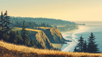 A peaceful cliffside overlooking a vast ocean, the sunlight casting long shadows over the rolling hills and dense pine trees