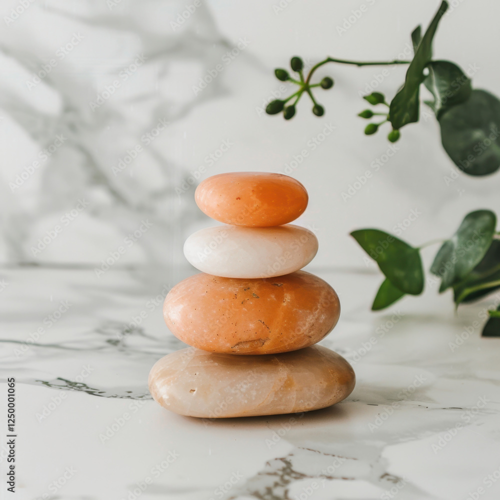 Poster smooth stones stacked in perfect alignment on marble surface, surrounded by greenery, creating seren