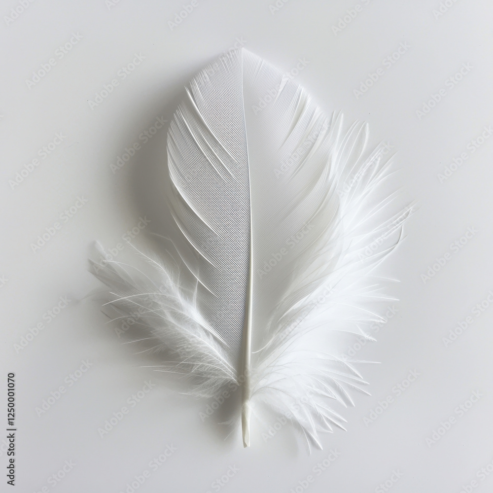 Poster single feather floating gracefully on white surface, showcasing its delicate structure and soft text