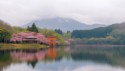 Obraz premium Serene Lake Reflects Spring Blossoms and Mountain Majesty under Misty Sky