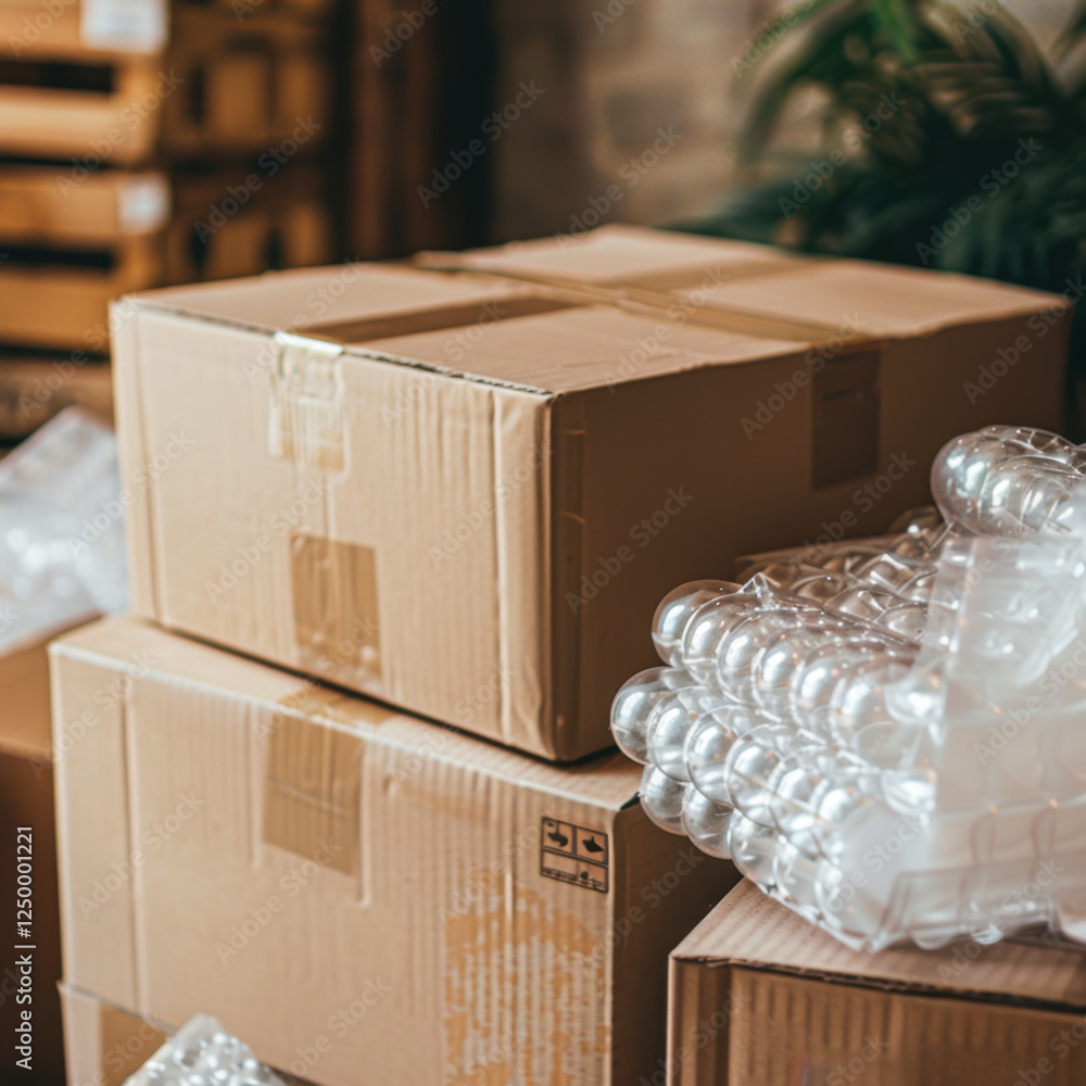 Poster stack of cardboard boxes with bubble wrap, ready for shipping. organized setup conveys sense of prep