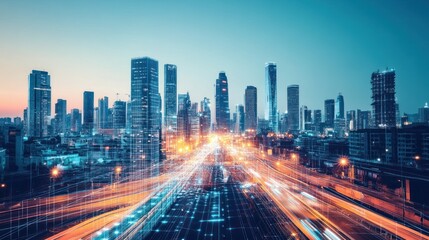 Obraz premium Smart City Network Illuminated Skyline At Night