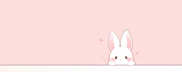 Obraz premium Cute white bunny peeking from bottom edge on pink background with copy space. Minimalist Easter design for greeting cards, baby shower invitations, children birthday decorations