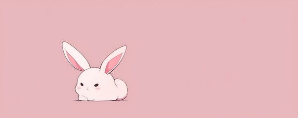 Cute white bunny cartoon character on pink background with copy space. Easter symbol minimalist illustration for greeting cards, children holiday designs, and spring celebration