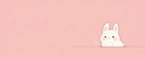 Cute white kawaii bunny peeking from bottom on pink background with copy space. Simple minimal illustration for Easter, Valentine day, Baby shower, Children birthday party or Mother day