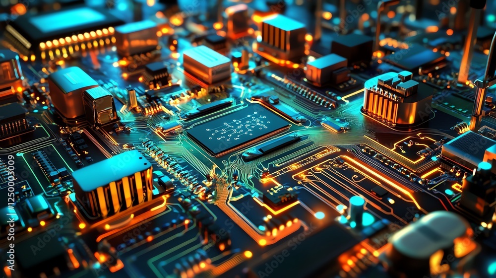Poster focus on a detailed circuit board with glowing components and intricate pathways showcasing modern t