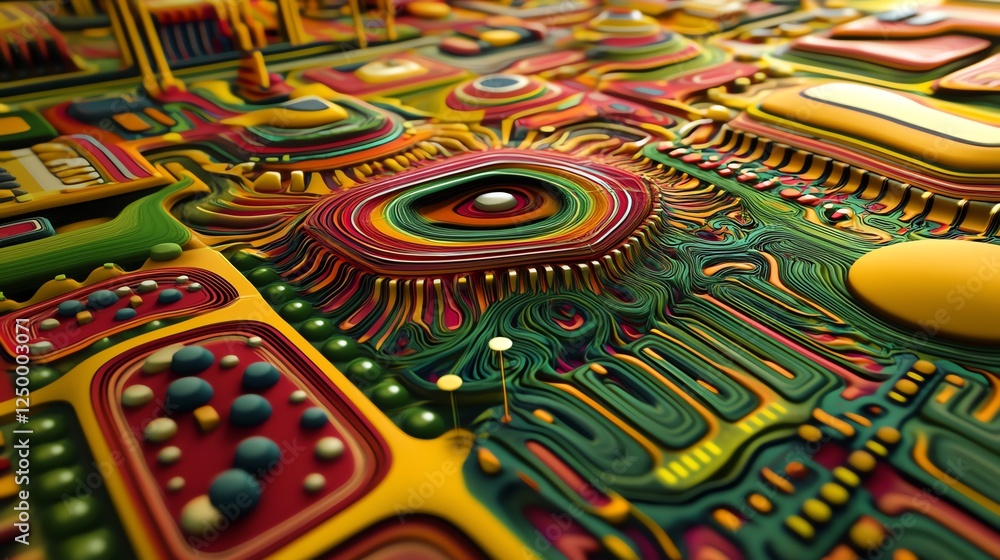 Poster colorful abstract patterns resembling intricate circuits created with various materials and textures
