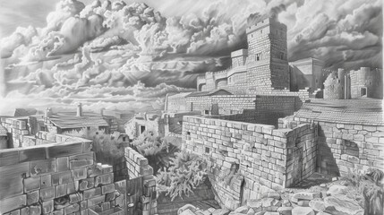 Realistic pencil drawing of an ancient castle. Deeply shaded stone walls with textured rooftops under dramatic clouds.