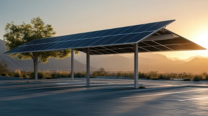 Solar Panel Structure Against Mountain Landscape at Sunset with Tranquil Atmosphere