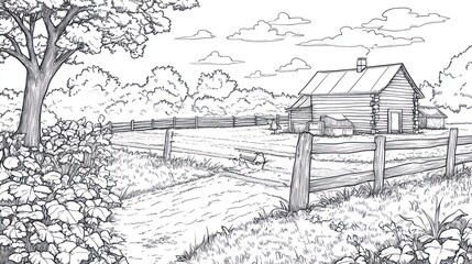 Rustic Farm House, Peaceful Countryside, Dirt Road, Fence, Illustration