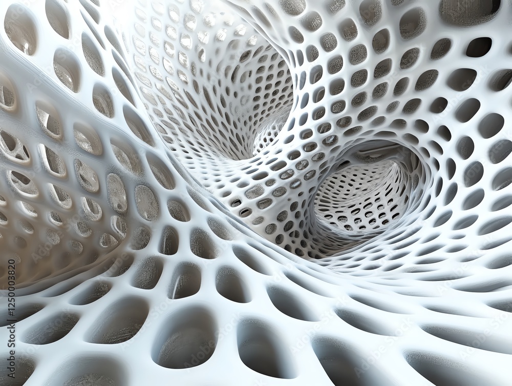 Poster intricate white mesh structure with a flowing design and deep openings in a futuristic setting